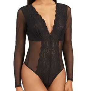INC International Concepts Sheer Black Long Sleeve Lace Bodysuit (S) NWOT